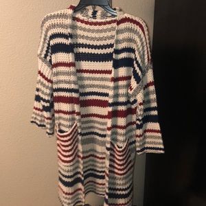 Burgundy, Navy, and White Knitted Cardigan